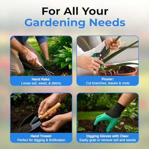 Image of Scuddles All-in-One Garden Tool Kit with Tote Bag and Claw Garden Gloves | Stainless steel hand tools, claw gloves and reinforced tote for planting, pruning, digging and garden maintenance