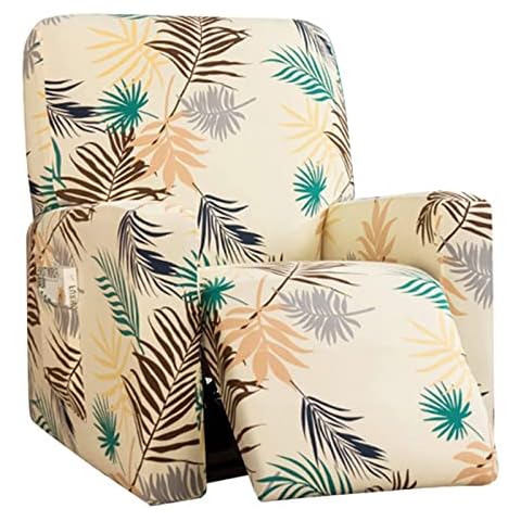 Stretch Recliner Slipcovers Printed Chair Covers 4-Pieces with Side Pockets, 1 Seat Floral Pattern Fabric Sofa Cover Printed Furniture Protector for Living Room (Color:Beige) Cover