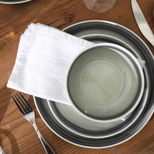 Image of Gibson Elite Island Bay 12-Piece New Bone China Dinnerware Set Service for 4, Reactive Glaze Plates and Bowls, Dishwasher and Microwave Safe, Black and Cream