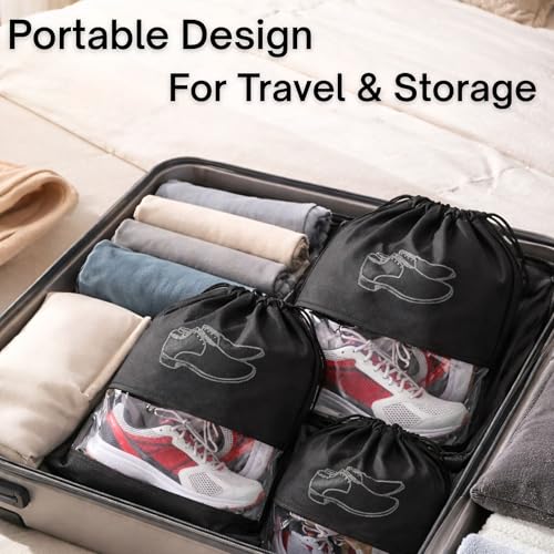 Image of Hian Black Shoe Storage Bags with Transparent Window & Drawstring Closure - Non-Woven Travel Footwear Organizer, Dustproof Reusable Shoe Covers for Luggage, Closet & Gym Use - Pack of 6