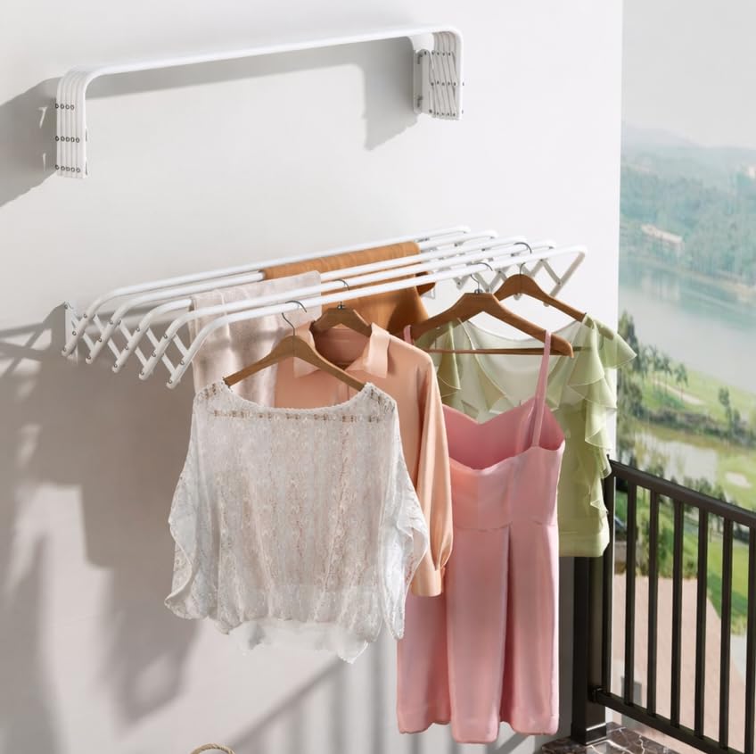 Image of HomeCloud Premium Wall-Mounted Stainless Steel Expandable Clothes Drying Rack | Heavy-Duty Accordion Collapsible Cloth Hanger (White)