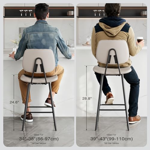 Image of Raynesys 29-Inch Leather Bar Stools Set of 2 with High Backrest, Beige