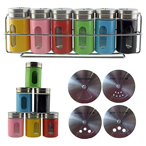 trends4ever Gewürzregal Set mit 6 Gewürzstreuer Salzstreuer Pfefferstreuer aus Glas Edelstahl Cover