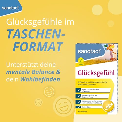 sanotact Glücksgefühl (20 Tabletten) • Natürlicher Stimmungsaufheller hochdosiert • Vitamin Tabletten mit Zitronenmelisse, Vitamin B Komplex, L-Tryptophan & Magnesium • B-Vitamine