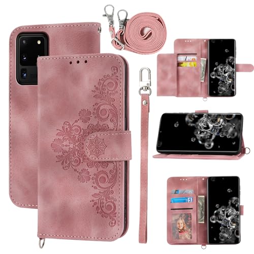 Dswteny Wallet Case for Samsung Galaxy S20 Ultra 5G with Wrist Strap Shoulder Strap, Embossed Leather Flip Credit Slim Stand Cell Phone Cover for S20ultra 20S S 20 A20 S2O 20ultra G5 Women Girls Pink