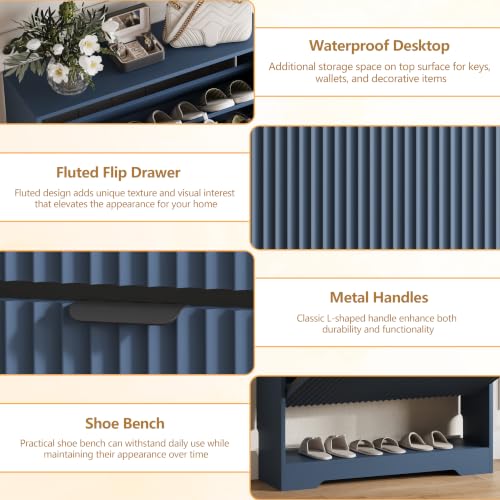 Image of HUANLEGO Shoe Cabinet Storage for Entryway with 2 Flip Drawer, Blue | Fluted Shoe Cabinet with Open Storage, Hidden Shoe Rack for Entryway,Freestanding Narrow Shoe Organizer for Hallway, Entrance