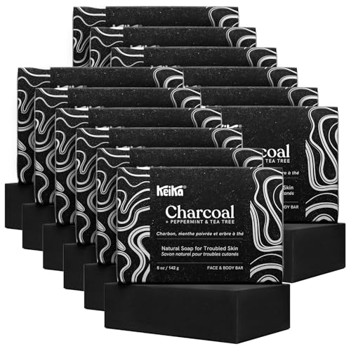 Image of Keika Charcoal Black Soap Bar for Eczema, Psoriasis, Face, Body, Men Women Teens with Oily Skin, 5 oz. (Charcoal, 12-Pack)