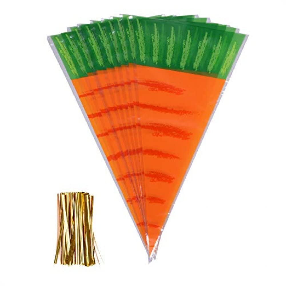 Fituenly Gold Cone Cellophane Bags 20Pcs Plastic Sweet Triangle Pouch Carrot Patterned Candy Bags With Twist Ties For Easter Party
