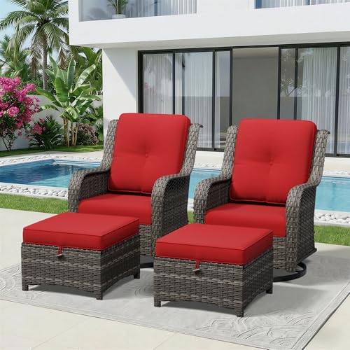 Image of 4 Piece Outdoor Wicker Patio Furniture Set, Outdoor Swivel Rocker Patio Chairs Set with Thickened Olefin Cushions, High Back and Deep Seating, Hand-Woven PE Rattan, Ottoman for Porch, Deck
