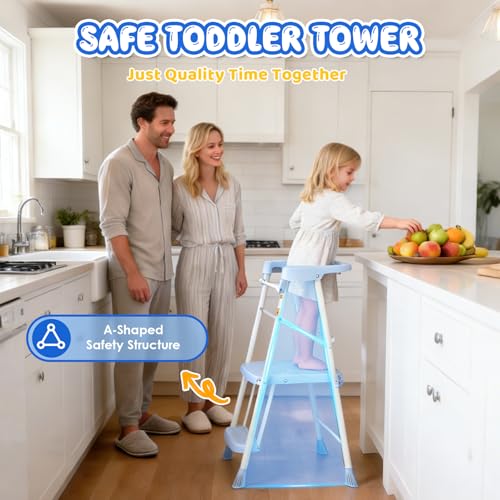 Image of HBTower Kids 2 Steps Step Stool,Toddler Tower for Kitchen Counter Learning,Toddler Kitchen Stool Helper with Anti-Drop Safty Railing Kids Standing Folding Stepper(Blue)