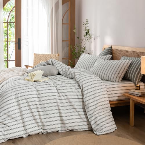 Image of BESTOUCH Striped Cotton Duvet Cover Set Linen Feel Twin | 100% Washed Cotton, Soft Wrinkle Texture, Hidden Zipper, 8 Ties, Breathable Lightweight Durable Comfy, 2 Pcs No Insert
