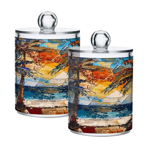 JJoias Palms Tree Skys-2 Qtip Holder Dispenser, Apothecary Jars, Cotton Balls Pads Swabs Holder Jar, Organizers with Lid, 4 pack
