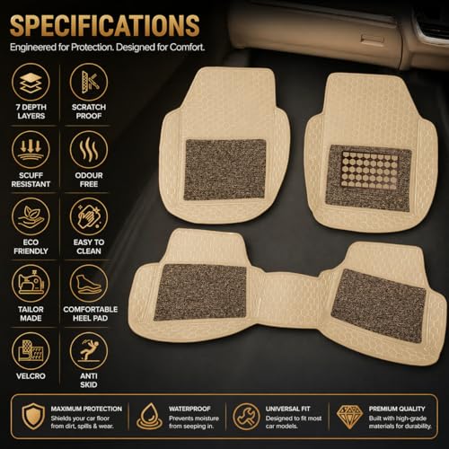 Image of Premium Universal 7D Car Floor Mat Compatible with Tata Curvv 2024-2026 | Waterproof | Anti-Slip | Luxury Premium Leather Car Mat | Full Coverage | All Weather | Car Foot Mats - (Beige)