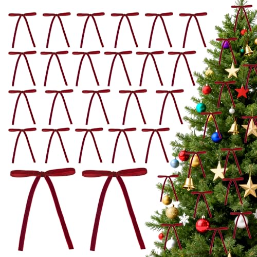 Christmas Tree Bows, 24 Pcs Red Velvet Bows for Christmas Tree, 5 * 7 Inch Red Ribbons for Xmas,Indoor and Outdoor Party Decorations, Suitable for Decoration of Wreaths, Stairs, Fireplaces,Etc