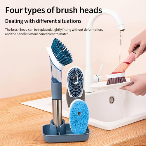 Image of Household Four in One Long Handled Kitchen Automatic Liquid Sponge Cleaning Tool, Long Handled Brush Pot, Hydraulic Cleaning Brush, Kitchen Specific Pot Cleaning Brush(Grey), Gray