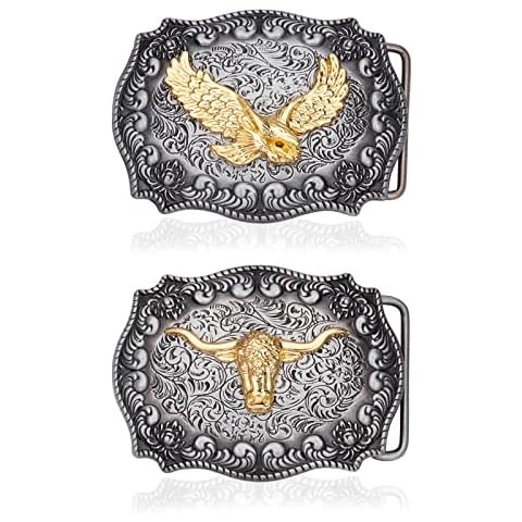 AMIJOUX 2 Stück Western Gürtelschnalle Vintage Style Legierung Gürtelschnalle Western Cowboy Fashion Western 3D Graviert Golden Long Horn Bull Adlerschnallen Cowgirl Cowboy Gürtel Zubehör Cover
