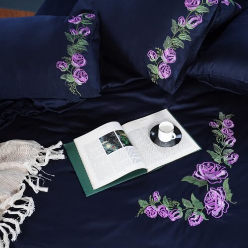 Image of Embroidered Premium Bedsheet Set | 300 TC 100% Cotton 1 Queen Bedsheet Set | Extra Smoothness with Sateen Weave| Hydrangea Navy Bedsheet Set (1 Flat Sheet + 2 Pillow Cases)