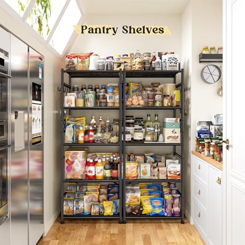 Image of DurayLoly 5-Tier Storage Shelves,Sturdy Metal Shelving Unit with Hooks,Wobble-Free Storage Rack with Leveling Feet,Slim Standing Shelf Organizer for Garage Kitchen Pantry,17.7 inchWx11.8 inchD x58.3 inchH,Black