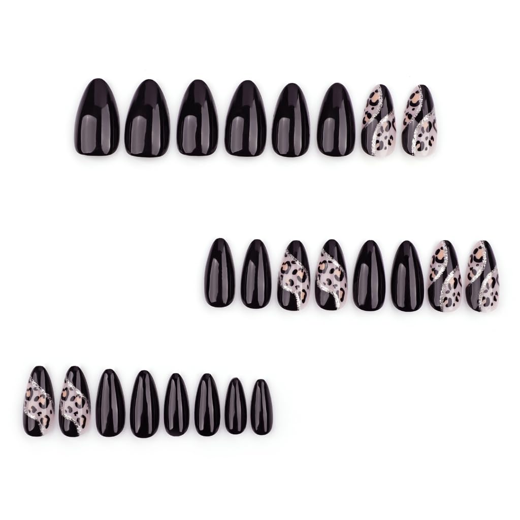 24Pcs Almond Leopards French Fake Nails Acrylic False Nails,Artificial Nails Glues on Nails for Women