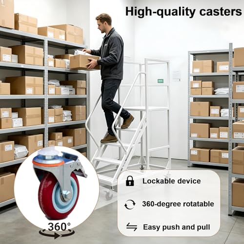 Image of 6 Step Rolling Warehouse Step Ladder, Industrial Mobile Staircase on Wheels, 1100Lbs Weight Capacity, Heavy Duty Mobile Platform Ladder with Handrails, Suitable for Warehouse, Library (White, 6 steps)