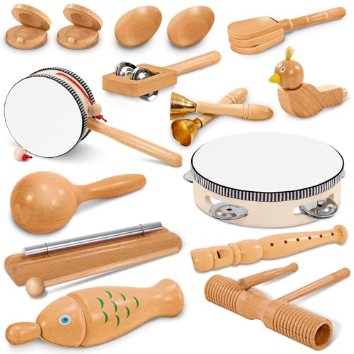 Jojoin Instrumentos Musicales de Madera Niños-20 Pcs Natural Instrumentos Percusión Muchos Tipos de Juguete-Desarrollo Educativo Juguetes Musicales para Bebé de 3 4 5 Años - Regali di Pasqua