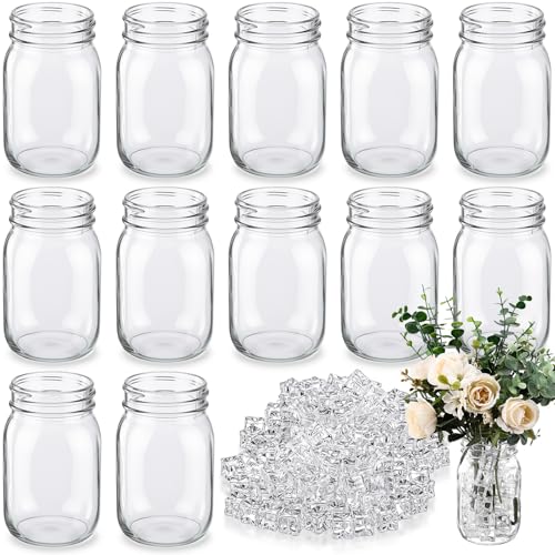 Mimorou 12 Set Regular Mouth Glass Jars Centerpieces Sets Clear Glass Jar 16oz Without Lid Fake Ice Acrylic Clear Decorative Cubes for DIY Flower Wedding Centerpiece Home Decor