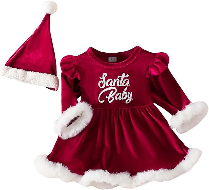 GGEROUNewborn Baby Girls 1st Christmas Dress,Christmas Santa Elf Baby Onesie Costume Romper Dress with Santa Hat Kids Princess Dress Cosplay Clothes