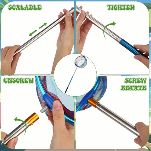 Hoemwarm 2 Pack Telescopic Kids Fishing Net with Handle, 2 Collapsible Bucket Sand Pail, Stainless Steel Foldable Fishing Net Small Fishing Butterfly Bug Net Beach Shovel with Storage Bag, Green Pink