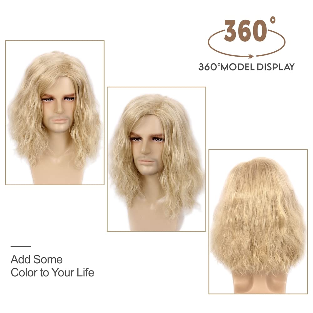H&Bwig Blonde Long Curly Fluffy Wig for Men - Natural Synthetic Hair for Daily Costume Party (Blonde)