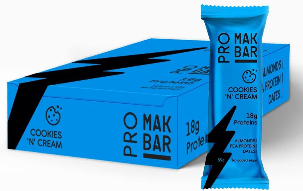 Pro Protein Bar - (Cookies 'N' Cream Flavour)- 12 count x 55g - 18gr protein snack, 218 Calories - Almonds, Pea Protein & Dates, No added sugar, High Fibre, Vegetarian, Post Workout Meal