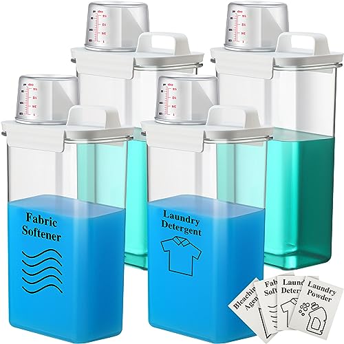 4 Pcs Laundry Detergent Dispenser Fabric Softener Dispenser 78/98 oz Laundry Powder Container Laundry Detergent Holder with Lid 16 Removable Labels for Soap Rice Oatmeal PET Food Grain, Clear (98 oz)