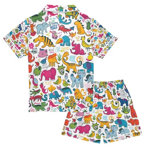senya Colorful Doodle Animals A Satin Summer Pajama Sets Silk Short Sleeve Button Down Sleepwear2