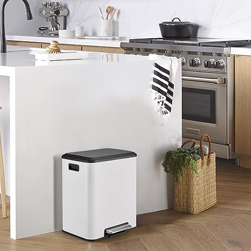 Image of GAOMON 30 Liter /8 Gallon Trash Can, Rectangular Hands-Free Dual Compartment Recycling Kitchen Step Trash Can with Soft-Close Lid, Stainless Steel Garbage Can with 2 x 15L Inner Buckets, White