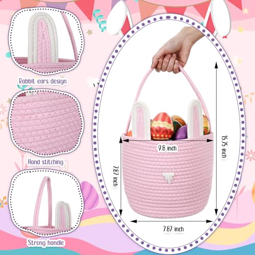 Image of Beeveer 6 Pack Easter Baskets with Handle Woven Bunny Egg Hunt Basket with Rabbit Ears Print Bags Empty Easter Treat Bag Cotton Woven Egg Box for Gifts Party Decorations Favors(Multicolor)
