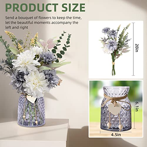 Home Decor Fake Flowers With Vase - Artificial Flowers Fake Plants Bouquet Decoration Realistic Dahlias, Hydrangeas, Eucalyptus Decor Modern Silk Flowers For Dining Table, Office, Kitchen (Purple) #TOP2