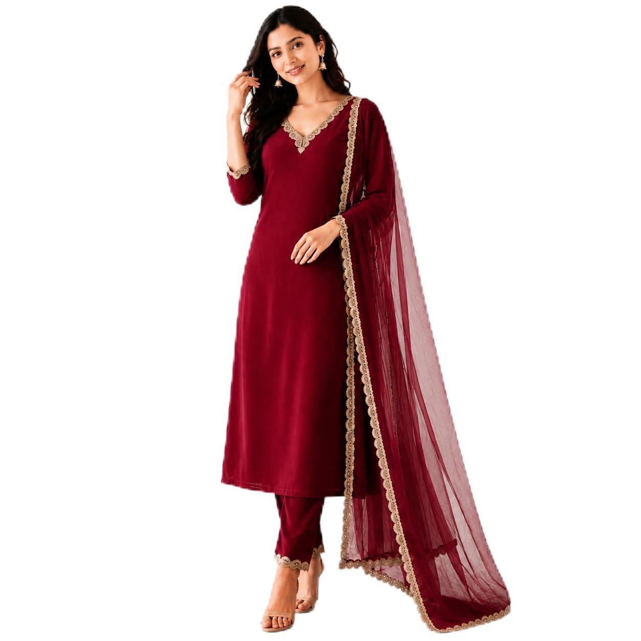 Women's Maroon Rayon Slub Kurta Pant Set with Net Dupatta, Lace Work, Ethnic Wear-picture-56