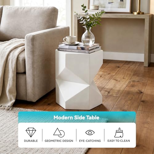 Image of COSIEST MgO Concrete Side Table, 18 Inch Hexagonal Geometric Outdoor End Accent Table, All-Weather Patio Garden Stool, Modern Plant Stand & Coffee Table for Balcony Backyard, White, 1 Pack