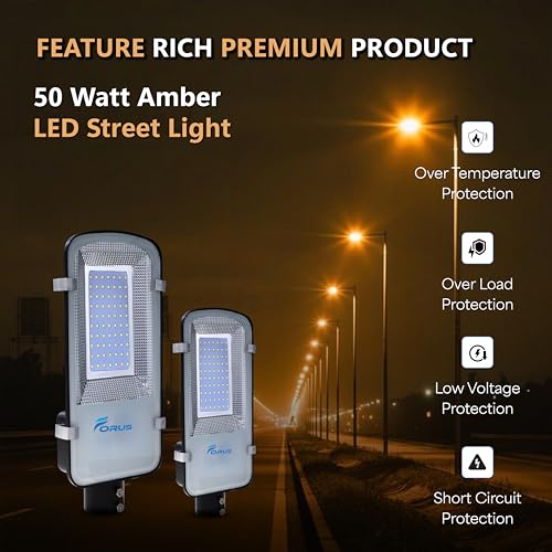 Image of Forus 50W LED Street Light with Clamp, IP66 Waterproof Outdoor LED Street Light, High Lumen 6000lm Amber, Aluminium Body for Road, Parking Lot, Garden & Industrial Outdoor Lighting (1 Pc)
