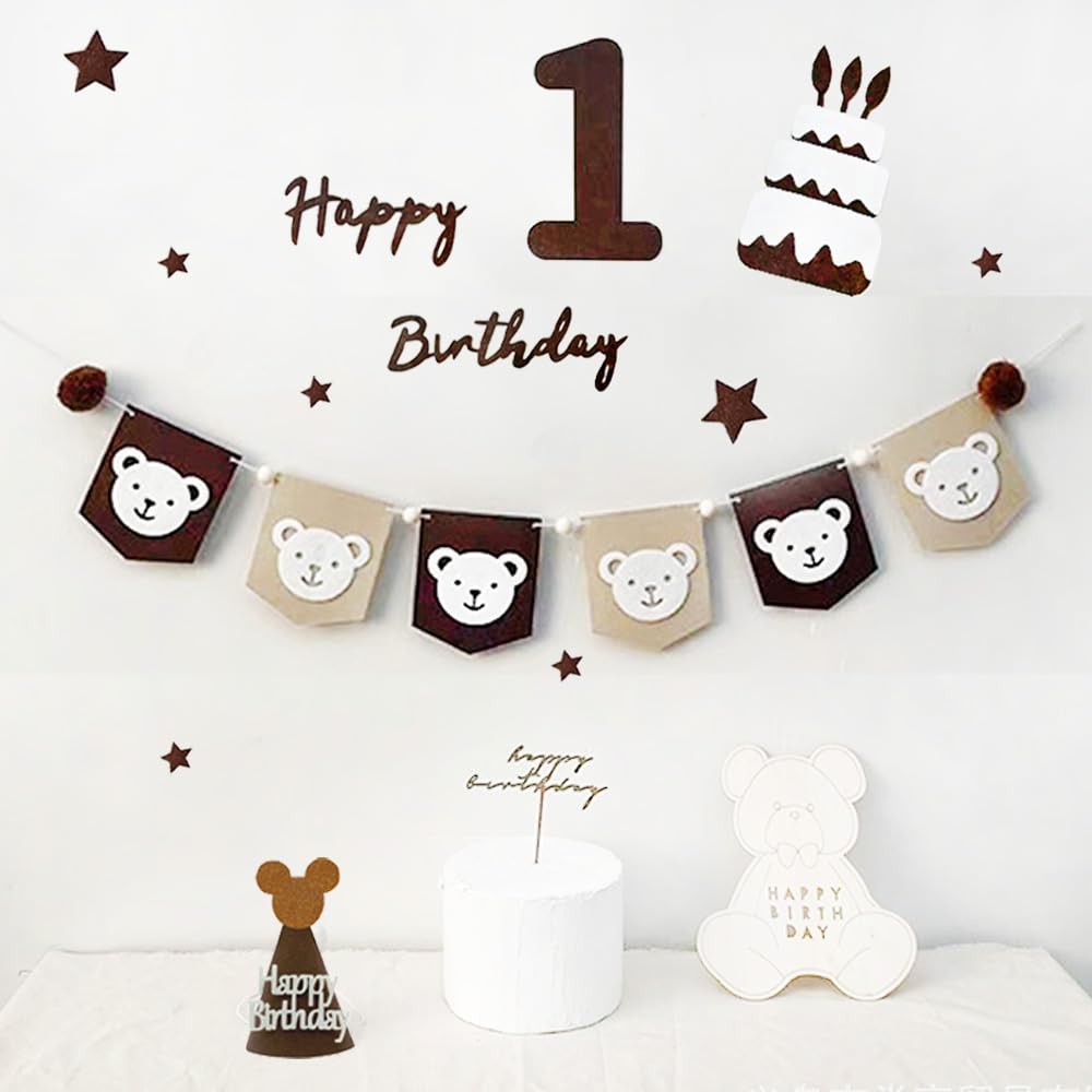 1歳 誕生日 飾り 可愛いシンプル 誕生日 飾り付け セット 女の子 男の子 高級生地 壁に飾る用のhappy birthdayフェルト生地バナー、かわいいクマのフェルト生地フラッグガーランド、ケーキ、パーティー帽子、1歳の数字、フグボールガーランド、 バースデー 飾り 誕生日 飾り 大人 写真背景 子供 飾り お祝い 1st Birthday Party Decorations
