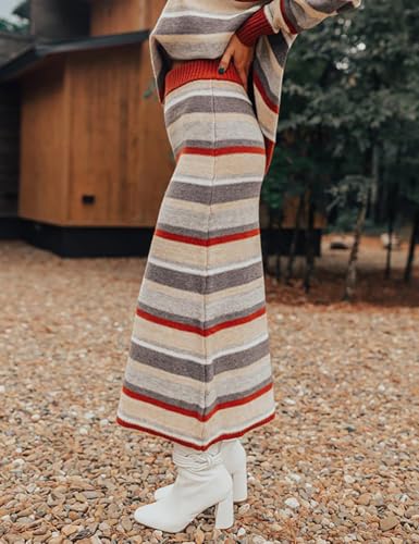 IDEALSANXUN Womens Striped Sweater Skirt Fall Winter High Waisted Pencil Midi Long Skirt4