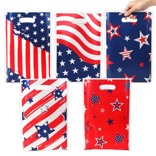 4th of July Treat Bags 50PCS 4th of July Gift Bags with Handles Plastic Red White and Blue Patriotic Star Cookie Goodie Candy Party Favor Bag for Independence Day Party Decoration Supplies 6.7x10