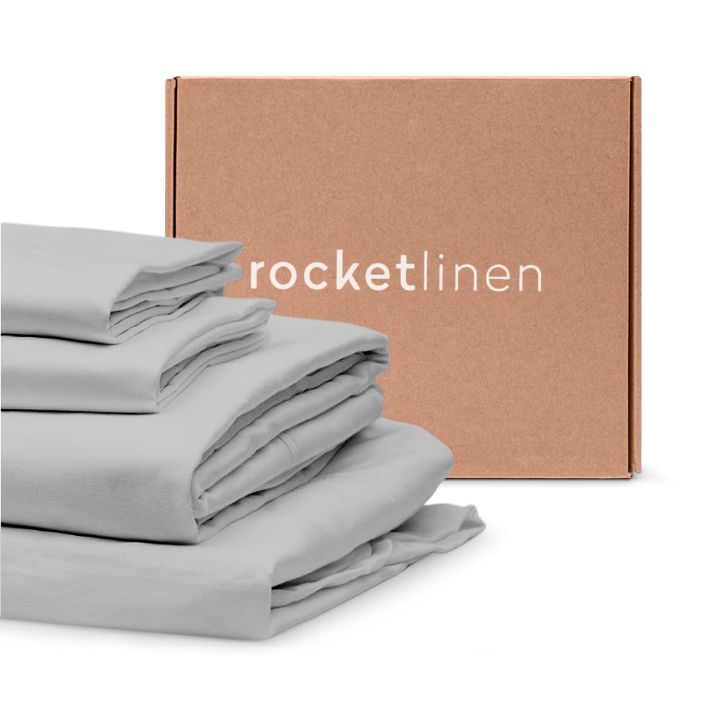 ROCKETLINENHotel Style 4-Pc Cal King Size Bed Sheet Set (1 Flat Sheet+1 Fitted Sheet+2 Pillowcase), 400 Thread Count Sateen Weave, 100% Cotton Sheets, 40cm/16" Deep Pocket Bedsheet Set - Light Grey