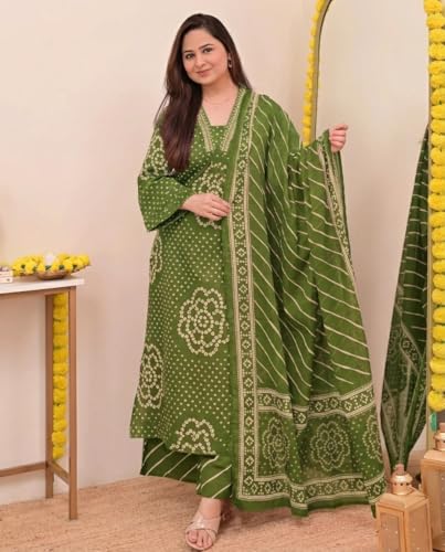 Image of Klosia Women Pure Cotton Kurta Pant Set with Dupatta | Bandhani Print Kurta Sets for Women | Comfortable Suit Sets|Regular Fit