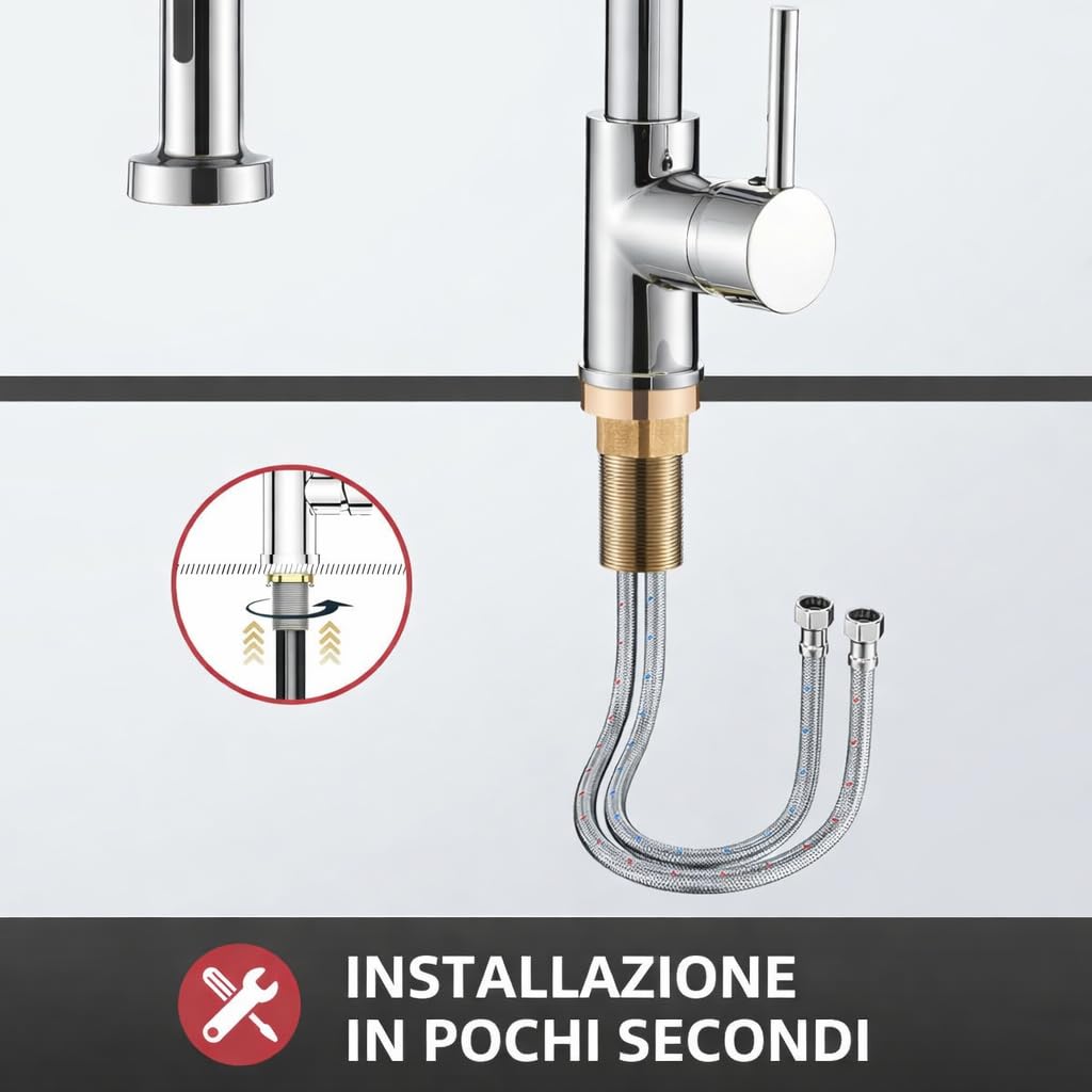 Cobbe Rubinetto da cucina, rubinetto ad alta pressione con doccetta estraibile, 2 funzioni di spruzzo, girevole a 360°, miscelatore per lavello