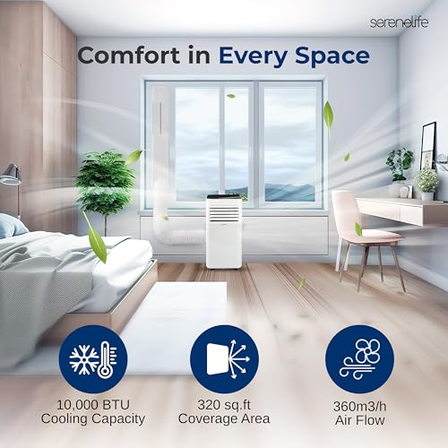 Image of SereneLife 10000 BTU Portable Air Conditioner - Free-Standing A /C Unit w /Cooling, Dehumidifier & Fan, Energy Efficient, 320 Sq. Ft. Coverage, Includes Window Mount Kit & Wheels, 11x11x27 IN (White)