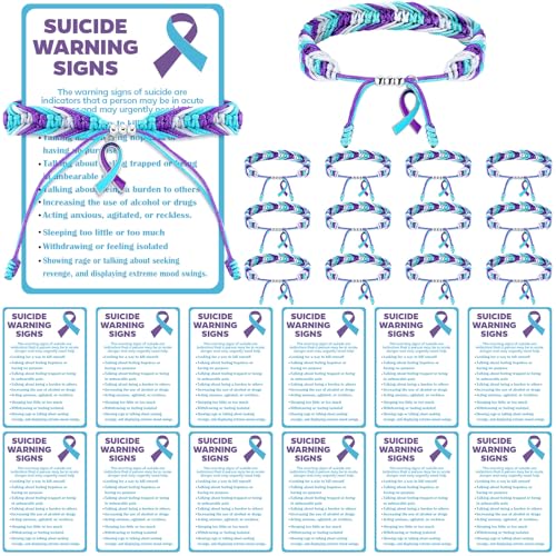 12 Sets Suicide Prevention Awareness Bracelet with Warning Card Sets Handmade Adjustable Wrist Wrap Teal and Purple Prevention Awareness Gift Protection String for Events and Fundraising