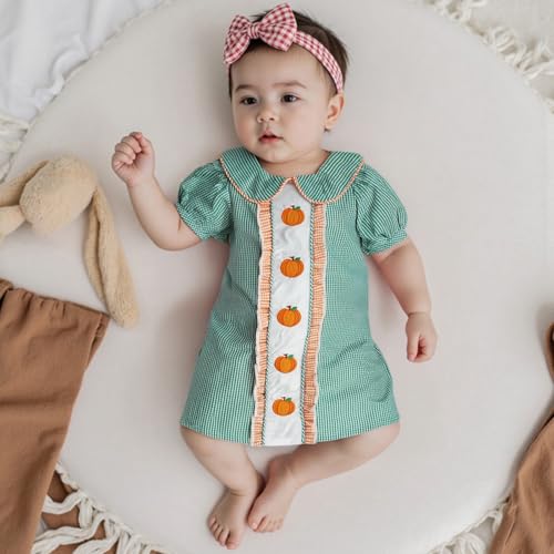 Toddler Girl Halloween Outfit Short Puff Sleeve Peter Pan Collar Pumpkin Embroidery Plaid Dress Kids Fall Photoshoot Clothes3