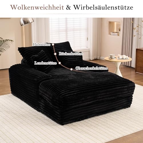 Yihomfy Cord Samt Lounge Sofa, 137x175 cm, Daybed & Lounger für Wohnzimmer, 2-Sitzer Couch, Extra Bequemes Sofa zum Liegen, Zum Ausstrecken und Entspannen, Schwarz