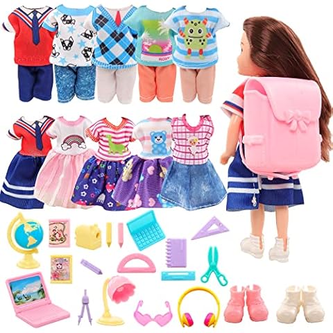 Festfun 30 Doll Clothes and Accessories 3 Sweet Dresses 3 Tops 3 Pants Outfits 2 Shoes 19 Accessories Shoes Headset Puppy Travel Set for 6 Inch Doll Girl Gift Cover