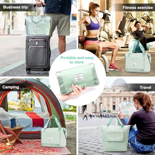 Image of Large Capacity Folding Travel Tote Bag, Oxford Fabric Waterproof Lightweight Foldable Travel Duffel Bag, Portable Expandable Travel Bag, Dry and Wet Separation Carry On Bag for Airplanes (Green)
